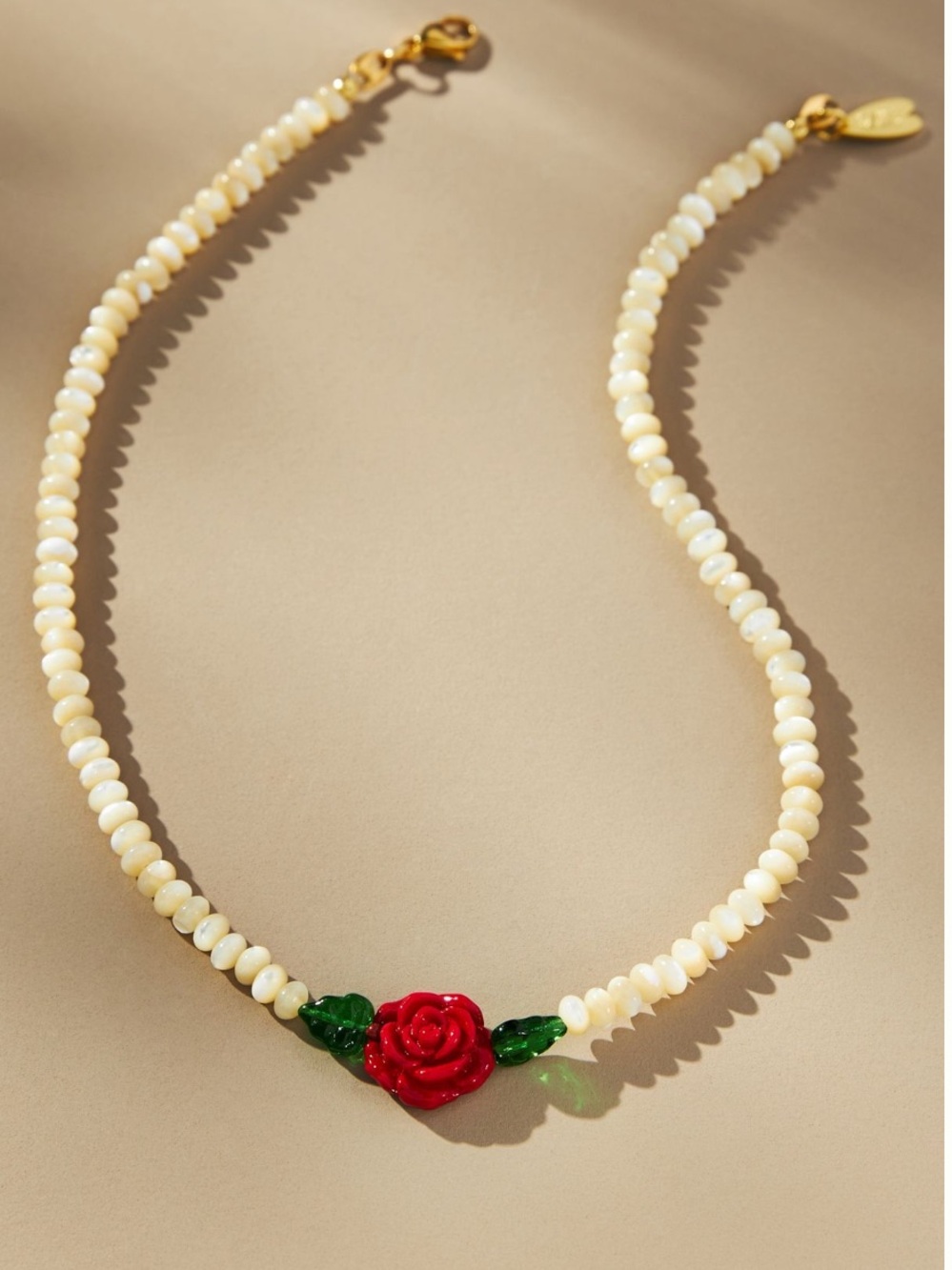 Multi-Color Beaded Necklace with Red Rose Accent